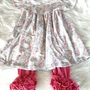 3 piece Set Baby Girl Pink Floral & Blue Stripe Deer Flutter Sleeve Top Bottoms